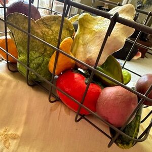 Vintage Paper Mache Life Like Vegetables in Silver & Copper Metal Basket / Bin.